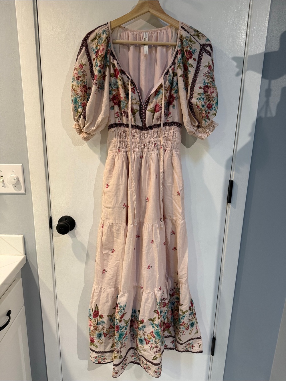 Anthropologie Somerset Puff-Sleeve Blush Pink Floral Maxi Dress